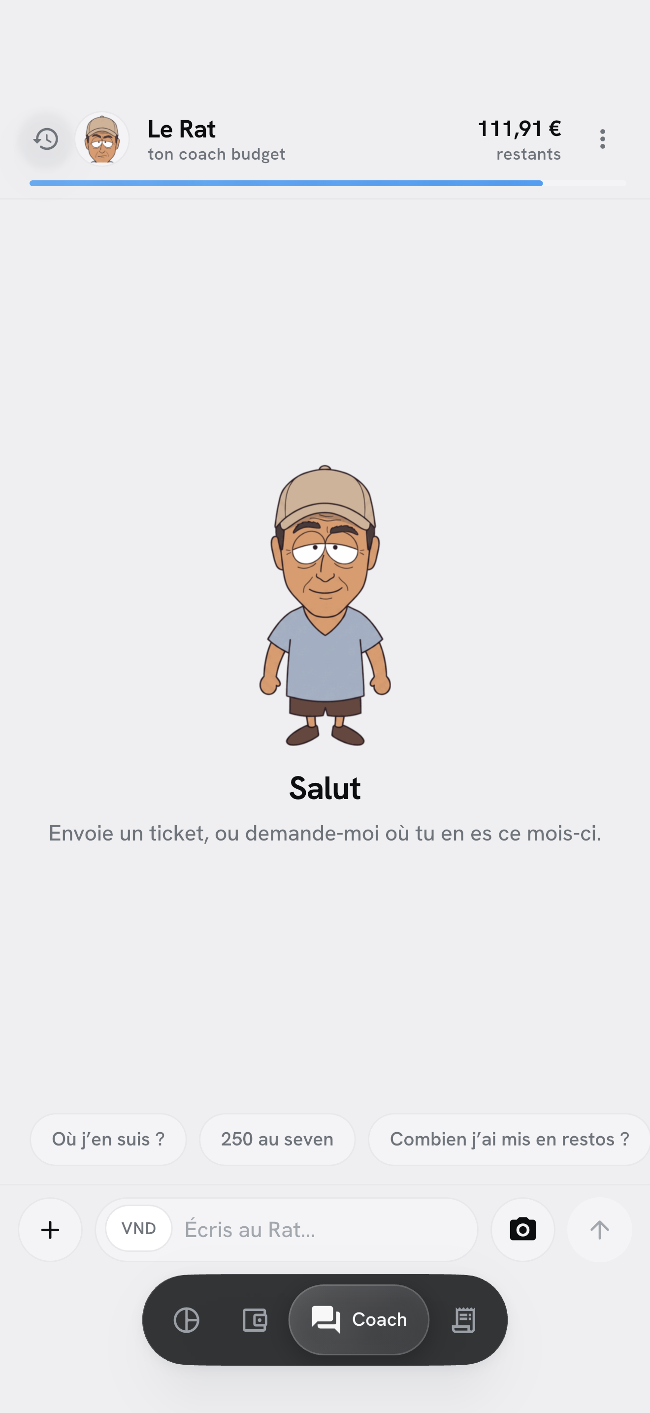 L'écran Coach de Le Rat sur iPhone : la conversation avec le Rat, ton coach budget.