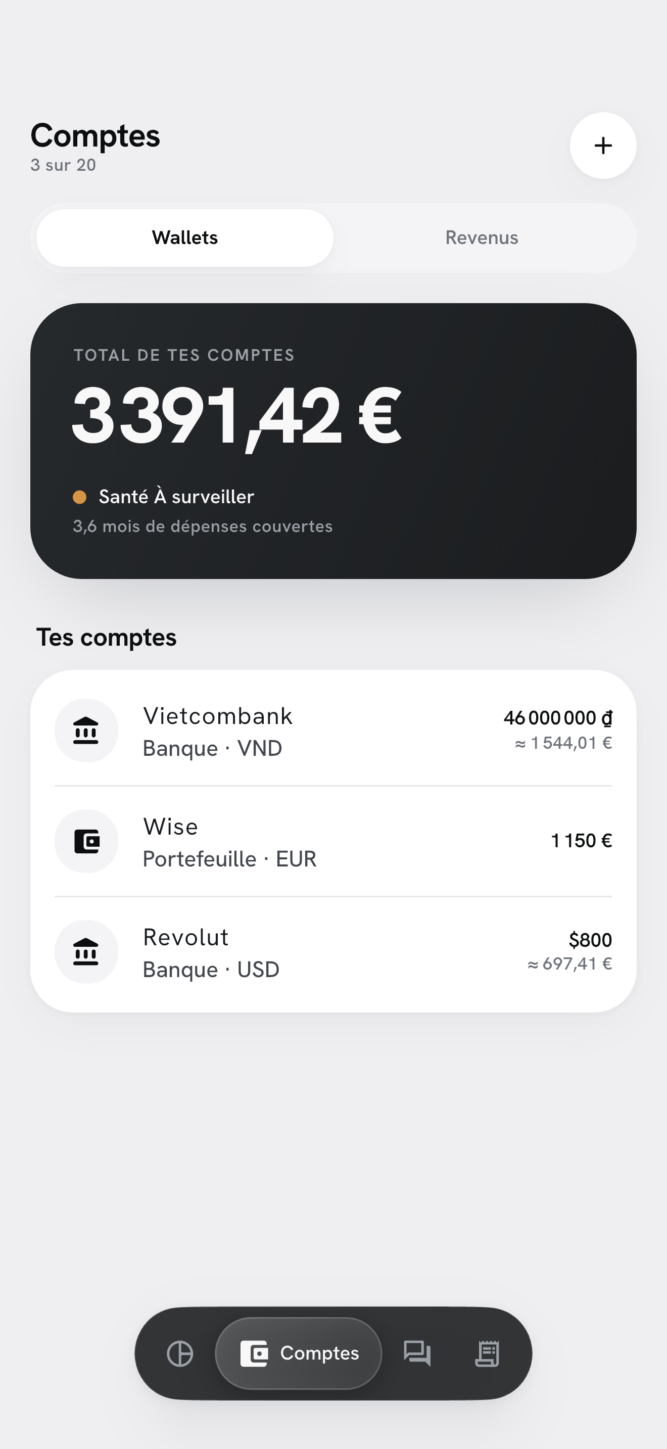 Écran Comptes : le total de tes comptes en euros, valorisés dans la devise du budget.