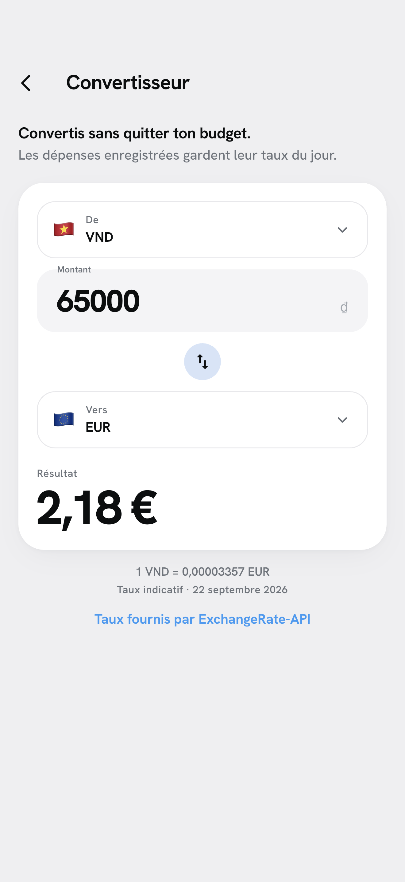 Écran Convertisseur : 65 000 ฿ convertis en euros, sans quitter le budget.